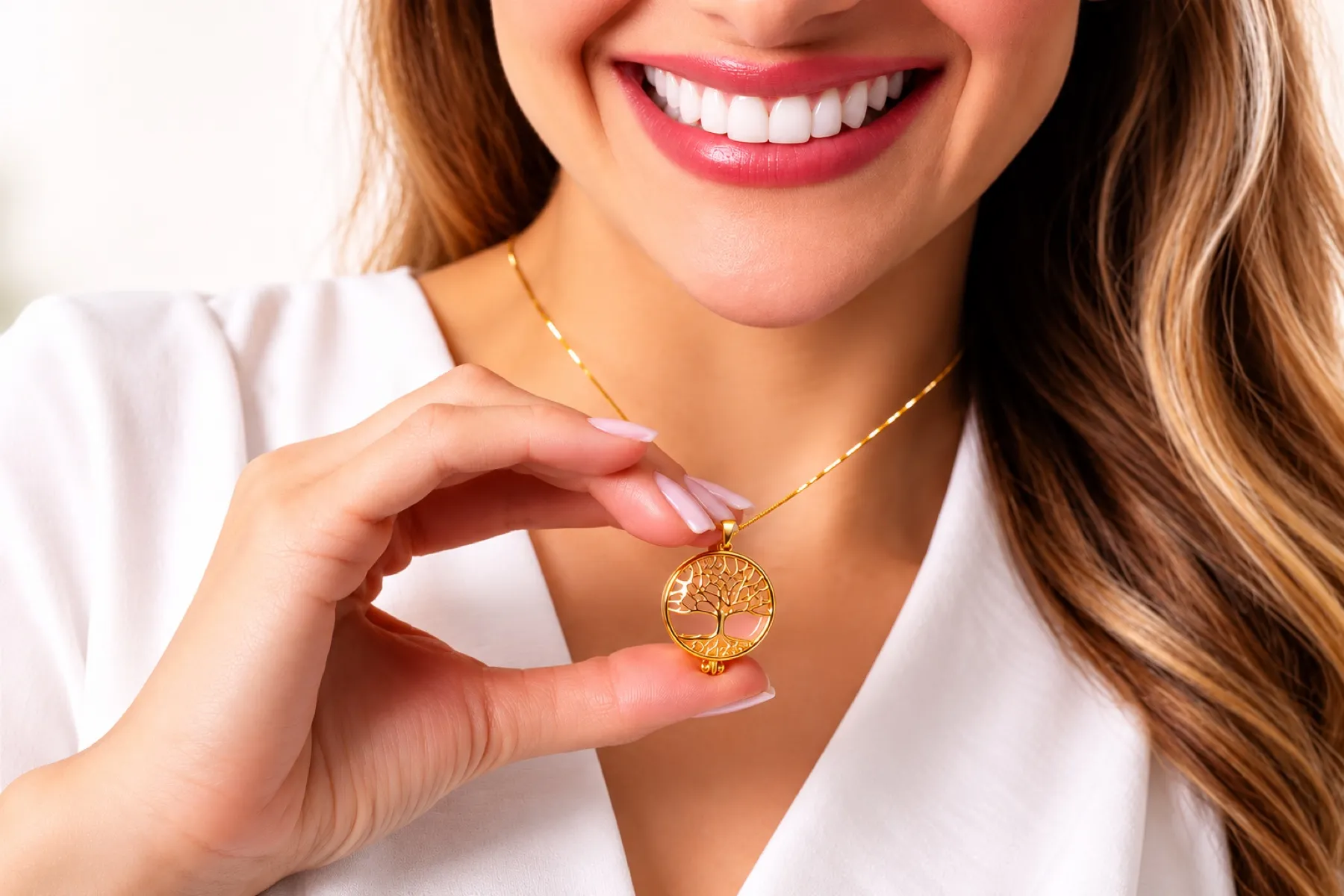 Mulher sorrindo segura o colar relicário árvore da vida folheado a ouro da Scheinen